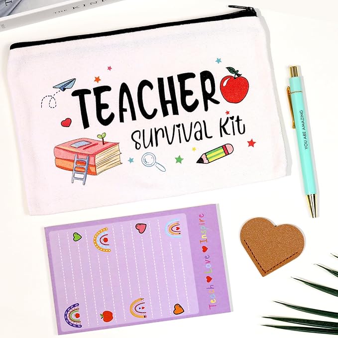 Teacher Appreciation Gifts Bulk, 16Pcs Gifts for Women with Teacher Survival Kit Makeup Bags, Bookmarks, Notepad and Pens, Christmas Valentines Gifts for Appreciation