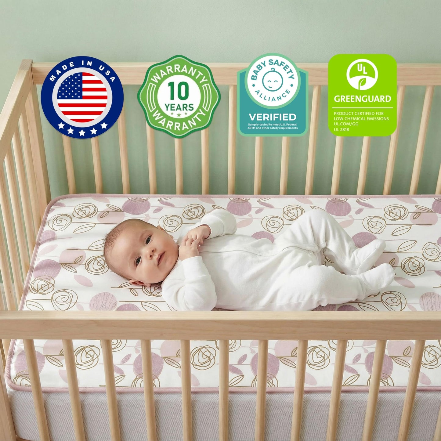 Dream On Me Floral Dreams 5” Firm Fiber Crib & Toddler Mattress (52" L x 28" W), 2-in-1 Dual-Sided Infant & Toddler Support, Waterproof & Stain Resistant, GREENGUARD Gold & BSA Certified - Rose Pink