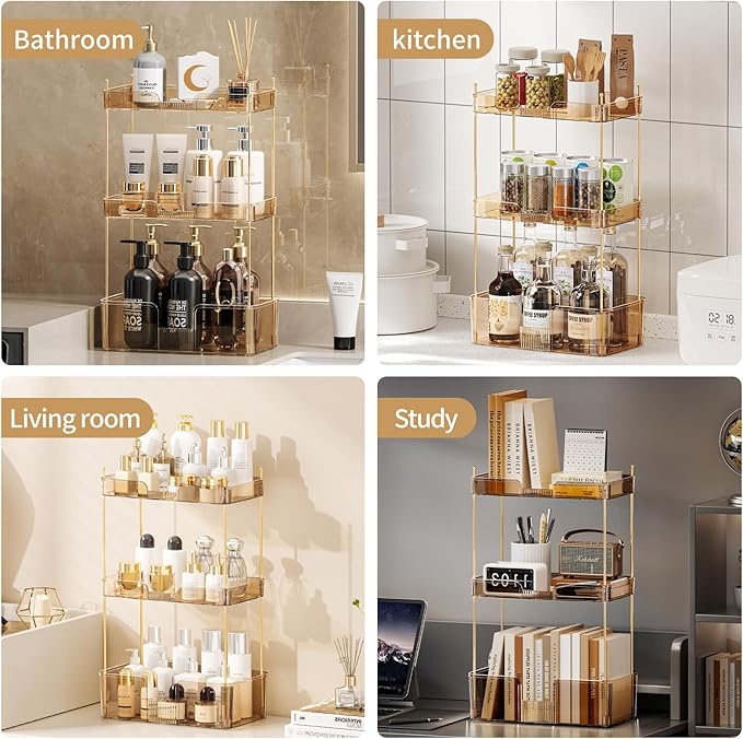 Akinbas 3 Tier Bathroom Organizer Countertop Makeup Perfume Tray Skincare Organizer for Bathroom Dresser Vanity (Gold)