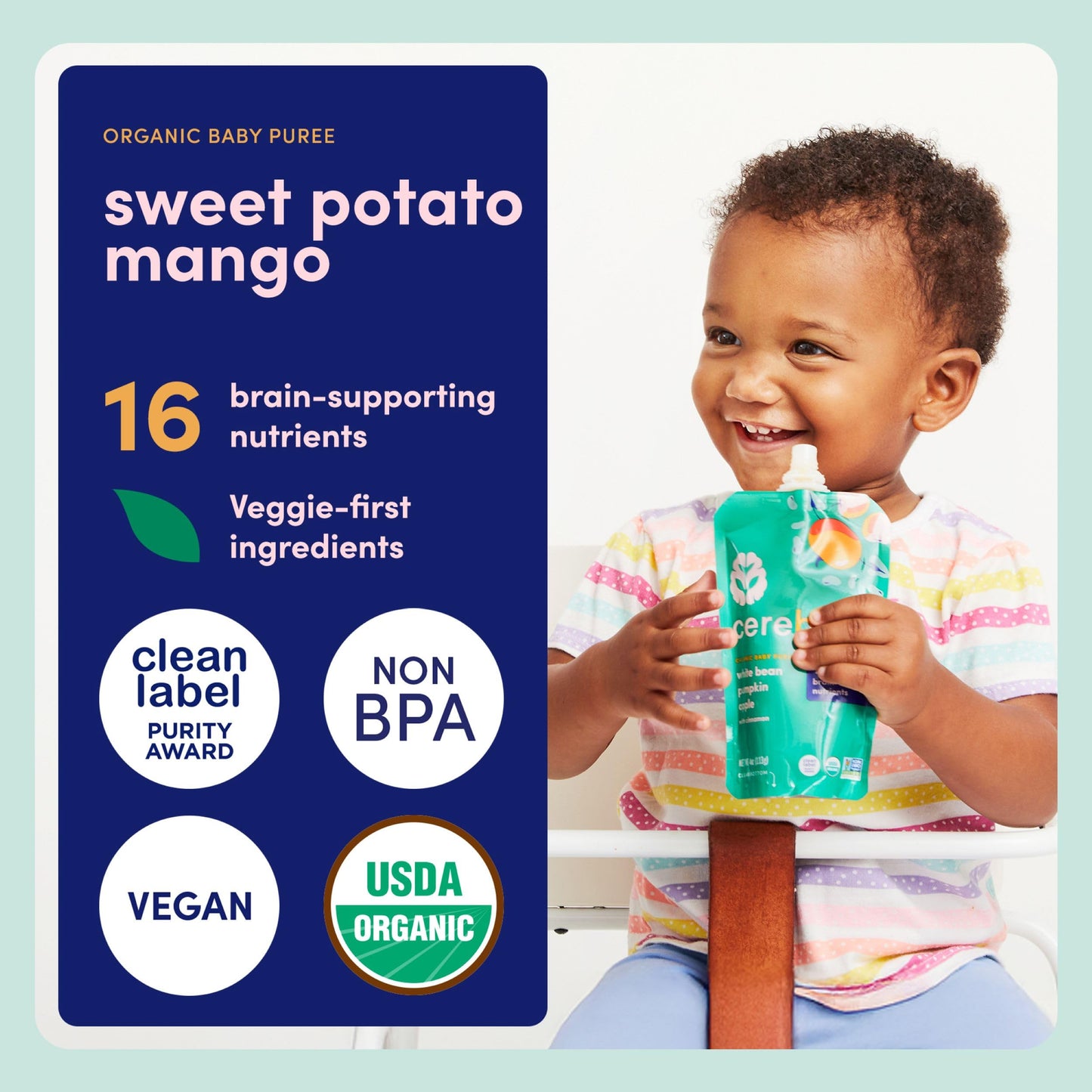 Cerebelly Organic Baby Food Pouches, Sweet Potato Mango Purees, 16 Nutrients, No Added Sugar, Fiber & Non-GMO, 4oz, 12 Pack