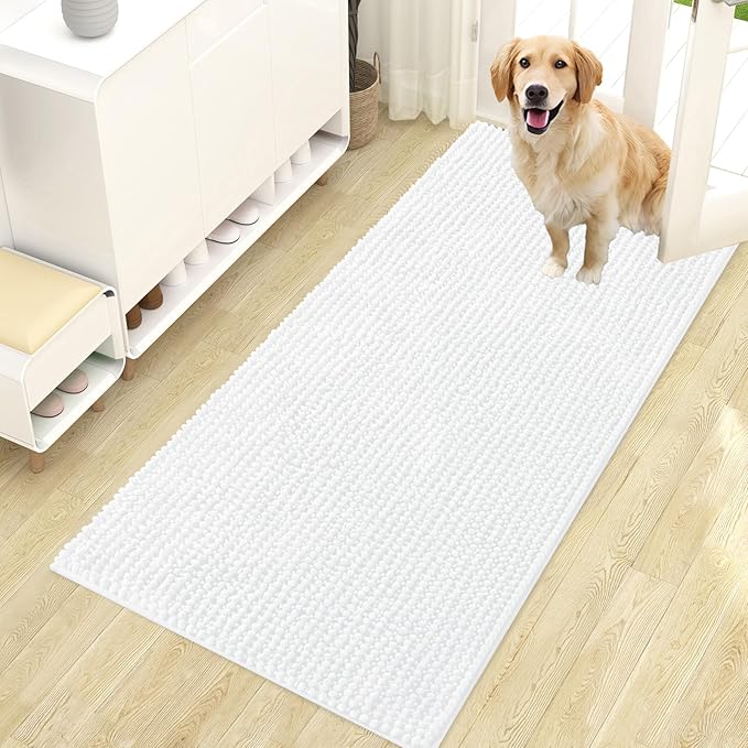 OLANLY Dog Door Mat for Muddy Paws 47x24, Ultra Absorbent Chenille Mud Doormat, Non-Slip Washable and Dirt Trapping Doormat for Indoor Entryway, Quick-Dry Indoor Pet Bed Mats for Dogs, White