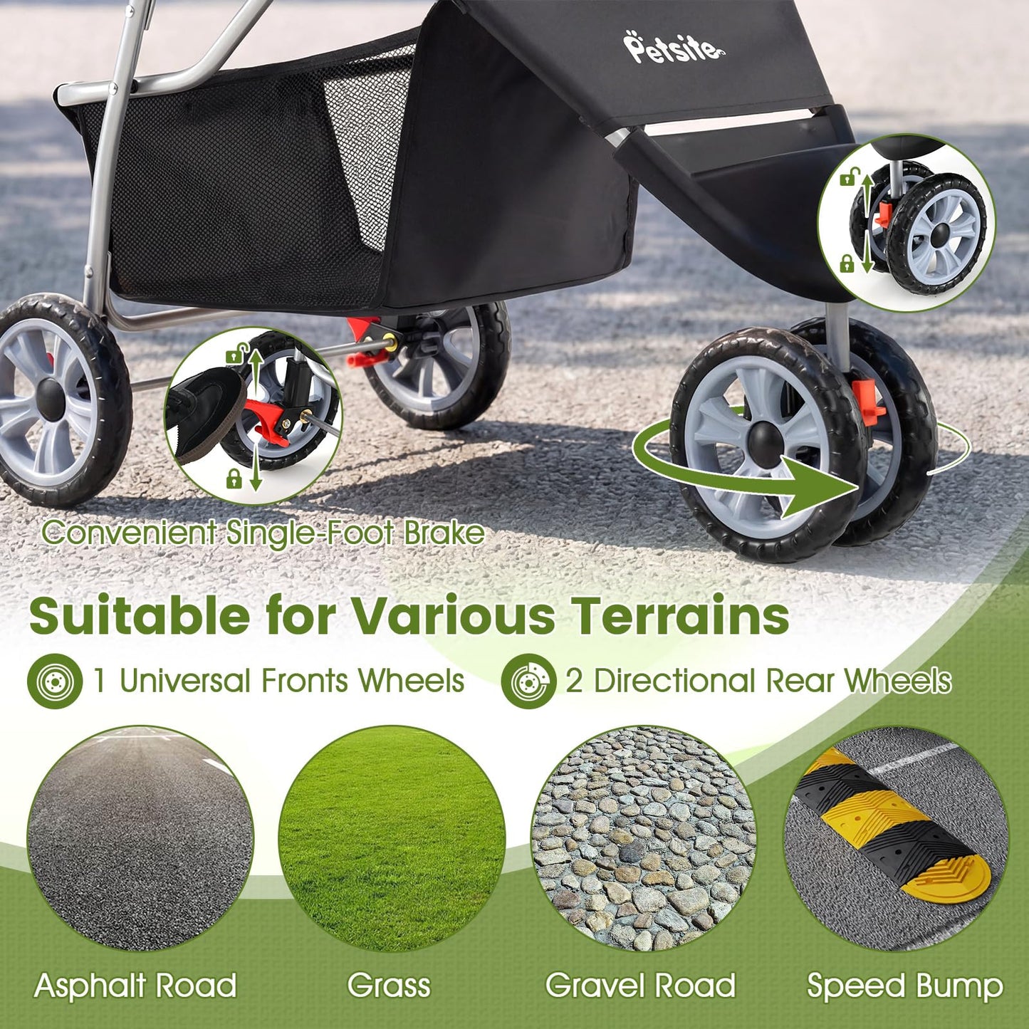 PETSITE 3-Wheel Pet Stroller, Foldable Dog Strollers for Small Dogs with Breathable Mesh, Waterproof Cover, All-Terrain Wheels, Cup Holder, and Storage Basket, Ideal for Dogs Cats up to 33 lbs (Black)