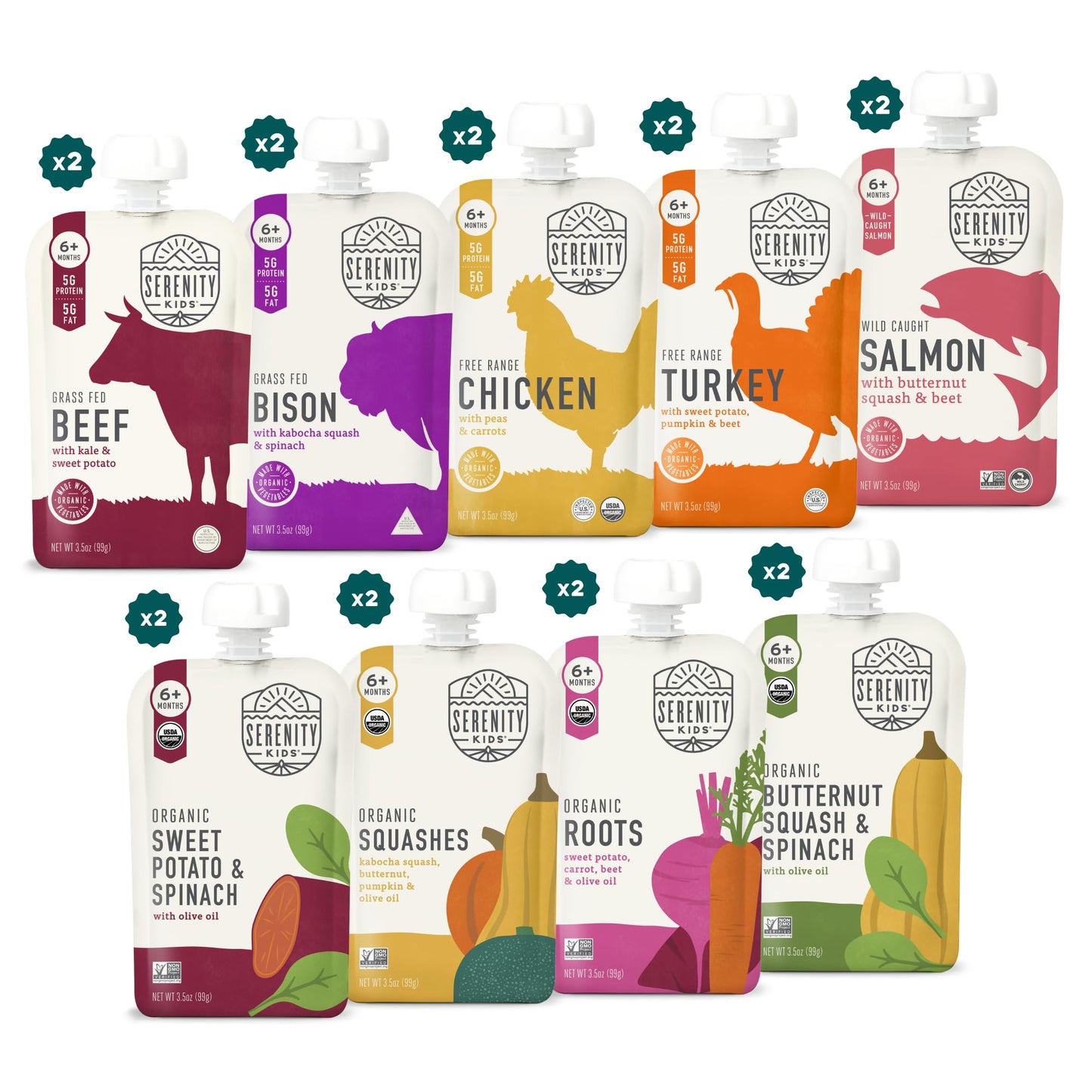 Serenity Kids 6+ Months Baby Food Puree Pouch - 5g Protein-Packed Toddler Snacks - Organic Meat & Veggie Food Pouches - Recyclable Containers for Toddler Meals - 3.5 Oz, Pack of 18