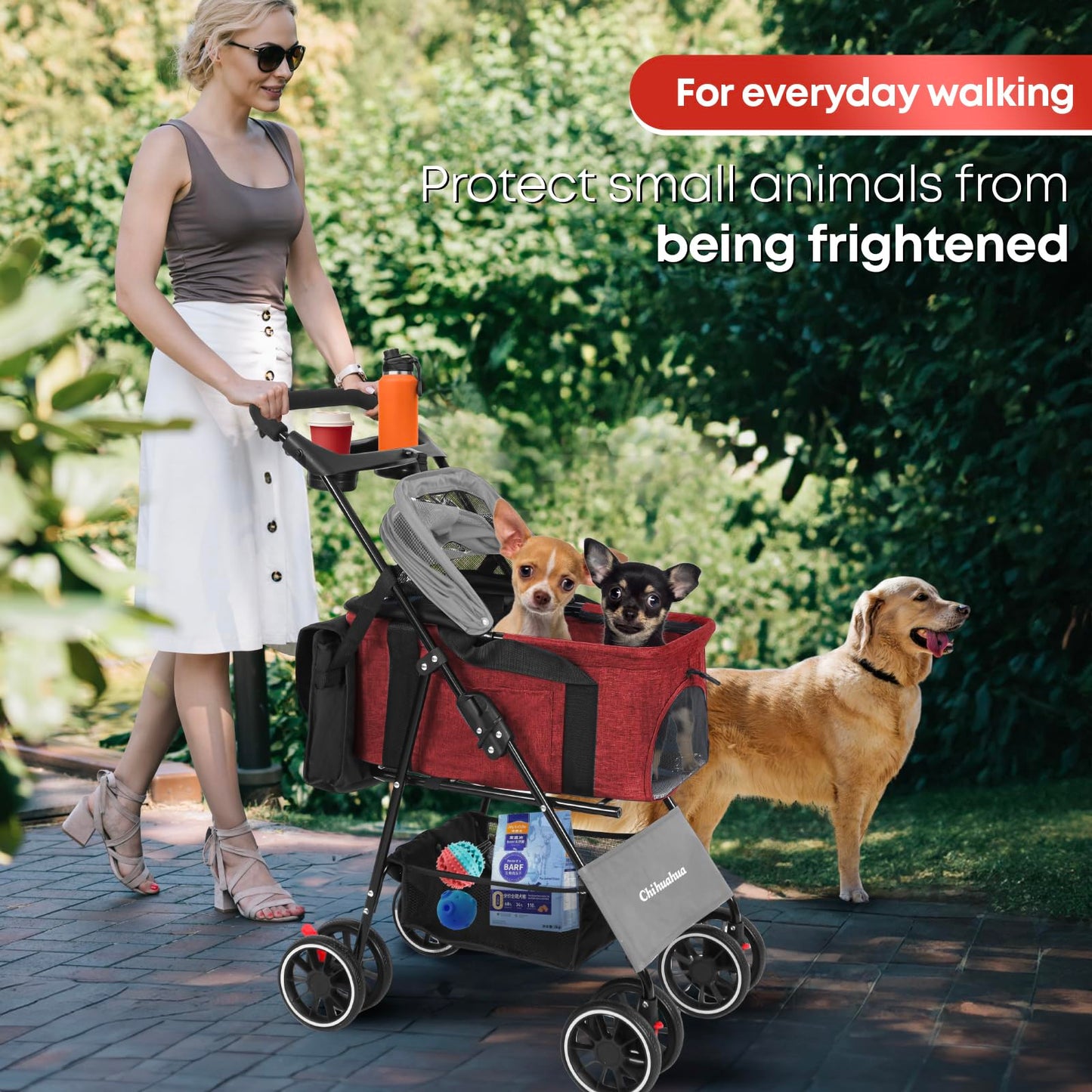 2-in-1 Foldable Pet Stroller with Canopy, 4 Wheels Pet Strolling Cart for Small/Medium Dogs and Cats with Removable Carrier,Breathable Mesh,Mom Tote Bag,Cup Holders,Easy Assembly,Grey+Red