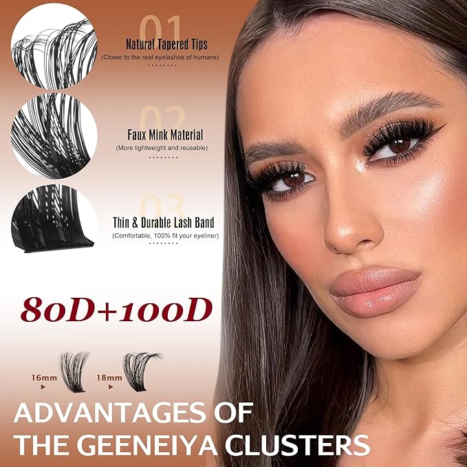 Geeneiya Volume Lash Clusters Kit DIY Lash Extension Kit D Curl Eyelash Extensions with Waterproof Lash Bond and Seal Waterproof Tweezers,Only 16-18MM, 80D+100D
