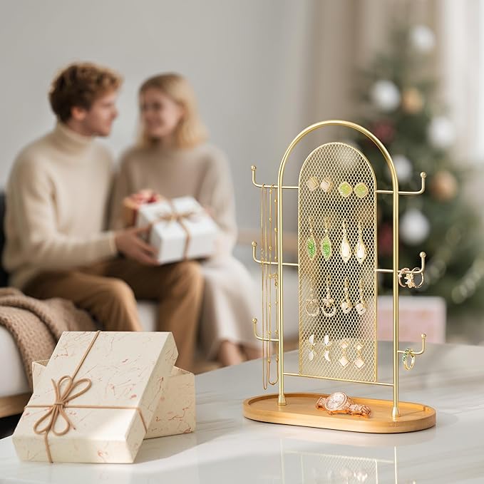 Jewelry Display Earring Stand Gold Organizer Earring StorageTree Jewelry Rack Towers with 6 Hooks 300 Stud Holes Wood Tray for Necklaces Bracelets Ring
