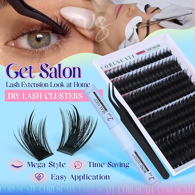 CORUSCATE Spiky Lash Clusters Kit 120D Volume Cluster Eyelash Extensions Mink Strip Lashes Spikes Mega Style Lash Extension Kit 14-22mm Eyelash Clusters Long Individual Lashes with Lash Cluster Glue