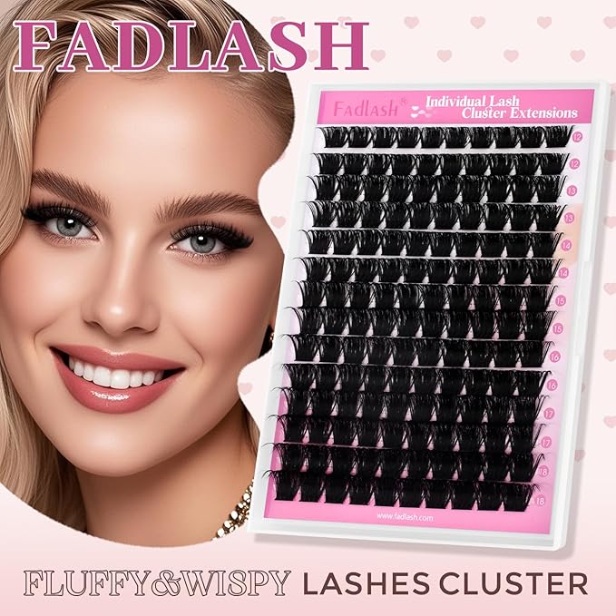 FADLASH Fluffy Lash Clusters 200D Eyelash Clusters 8-16mm Individual Clusters Eyelash Extensions Volume Lash Extensions DIY at Home (200D, 8-16mm)