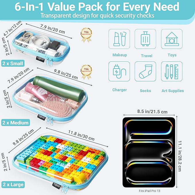 6 Pack Clear Hard Shell Zipper Case, See-Through Hard Plastic Organizer Pouches with Zipper for Travel, Toiletries, Makeup, Electronics & Pencils - Crush-Resistant Storage (Blue)