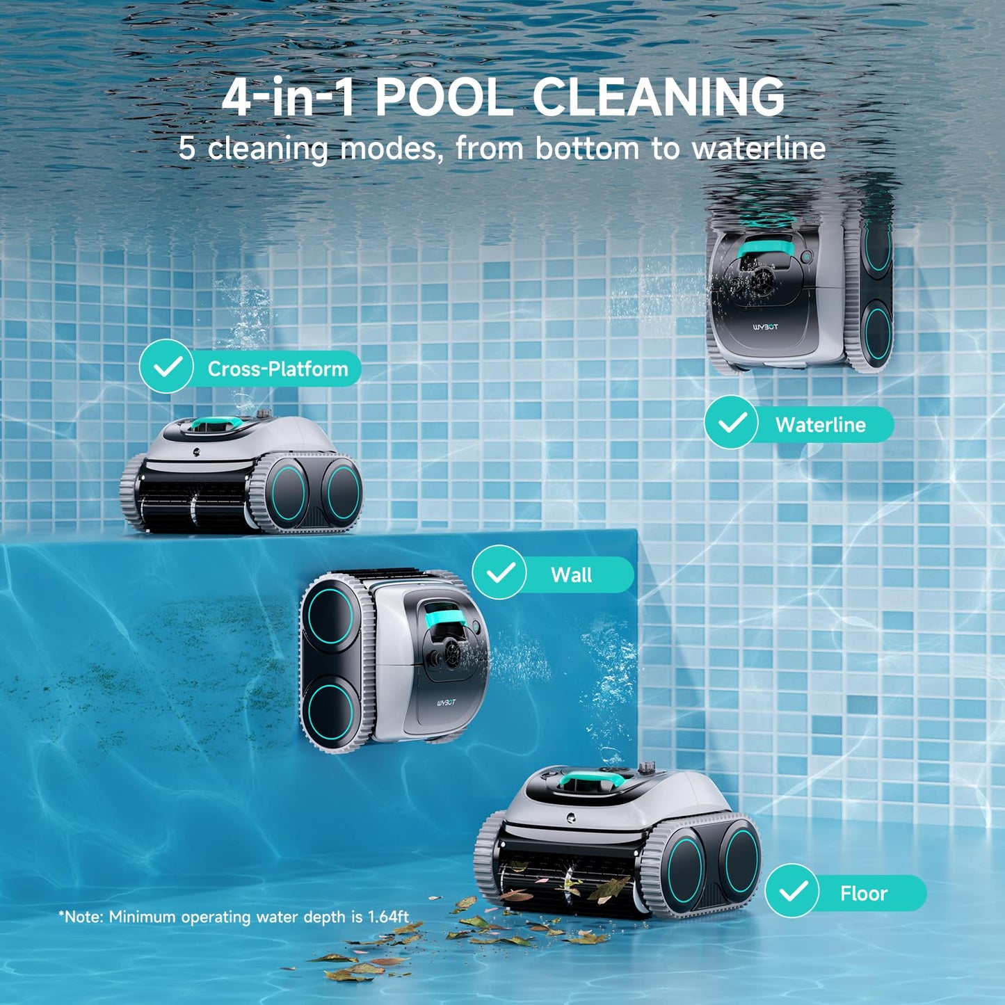 (2026 Upgrade) WYBOT C1 Pool Robot Vacuum for Inground Pools, 4-in-1 Cordless Robotic Pool Cleaner for Above Ground Pools up to 1,614 Sq.ft, Wall & Waterline Cleaning, 150-Min Runtime, APP Control