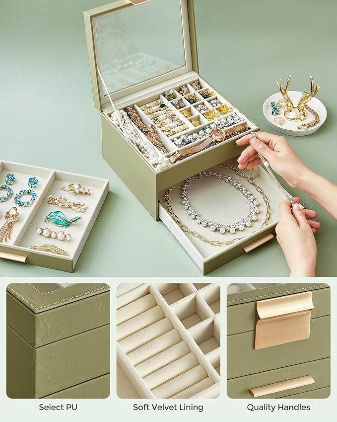 SONGMICS GISELLA Collection - Jewelry Box Organizer, 3-Layer Jewelry Storage with 2 Drawers, Shiny Metal Hardware, Glass Lid, Modern, 8 x 9.1 x 5.3 Inches, Avocado Green and Gold Color UJBC239C02