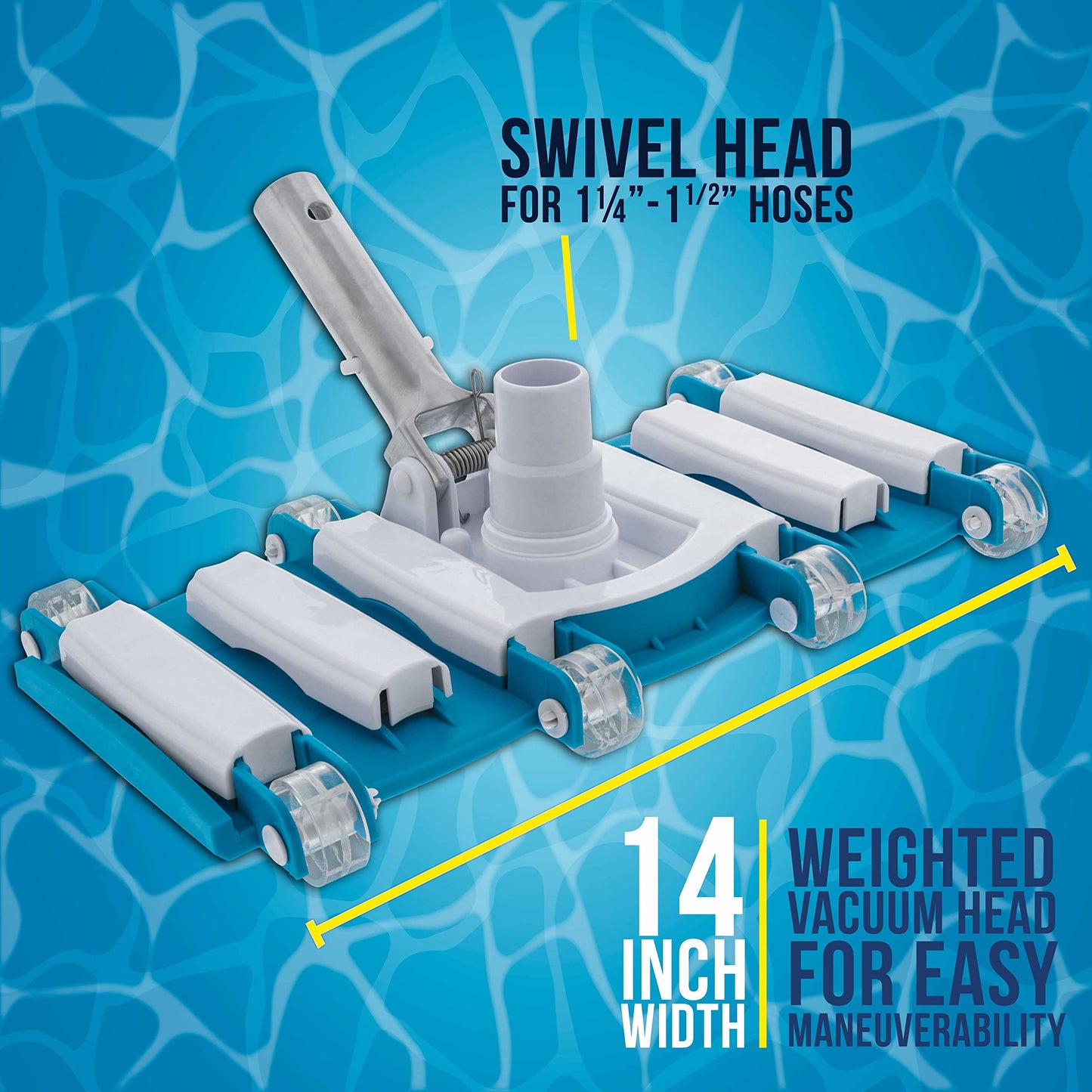 U.S. Pool Supply 14" Manual Pool Vacuum Head for Inground Pools, Flexible, Weighted - 6 Weights, Swivel Hose Connection 1.25" or 1.5", Aluminum Pole Handle - Accessory Attachment, Clean Remove Debris