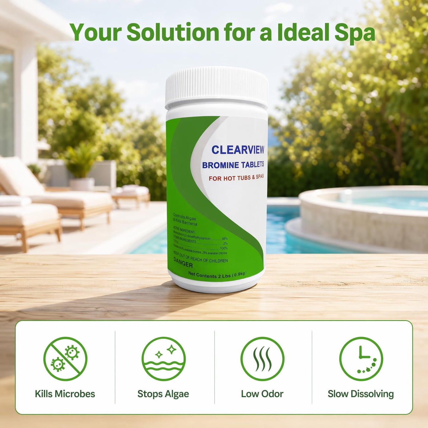 ClearView Bromine Tablets 1 Inch 2 Lbs for Spas, 1" Brominating Tabs Chemical Sanitizer for Pools & Hot Tubs, Slow Dissolving Low Chlorine Odor, Kill Bacteria & Control Algae
