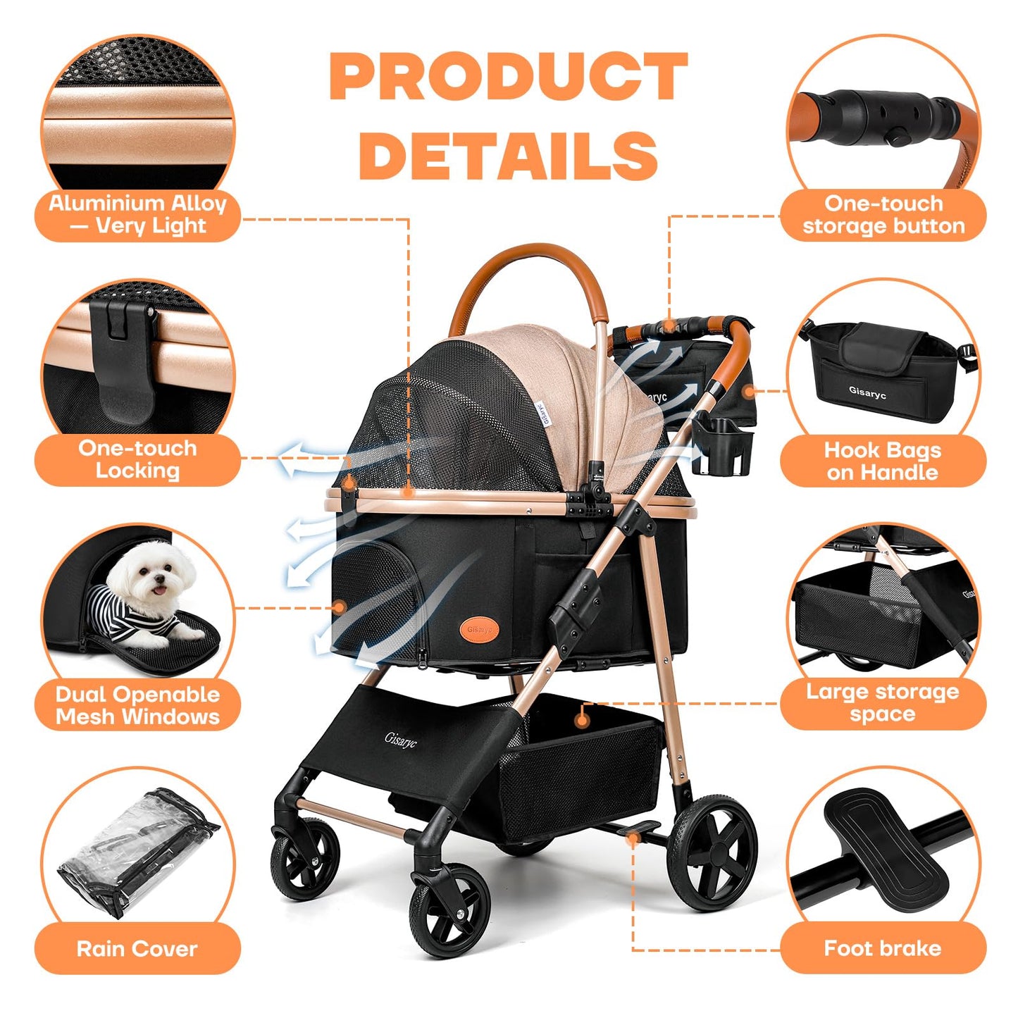 Dog Cat Stroller for Small/Medium Pets up to 50 lbs, 3-in-1 Foldable Pet Stroller with Detachable Carrier, Car Seat, Storage Basket, Cup Holder, Hanging Bag, Rain Cover, All-Terrain 4 Wheels (Khaki)