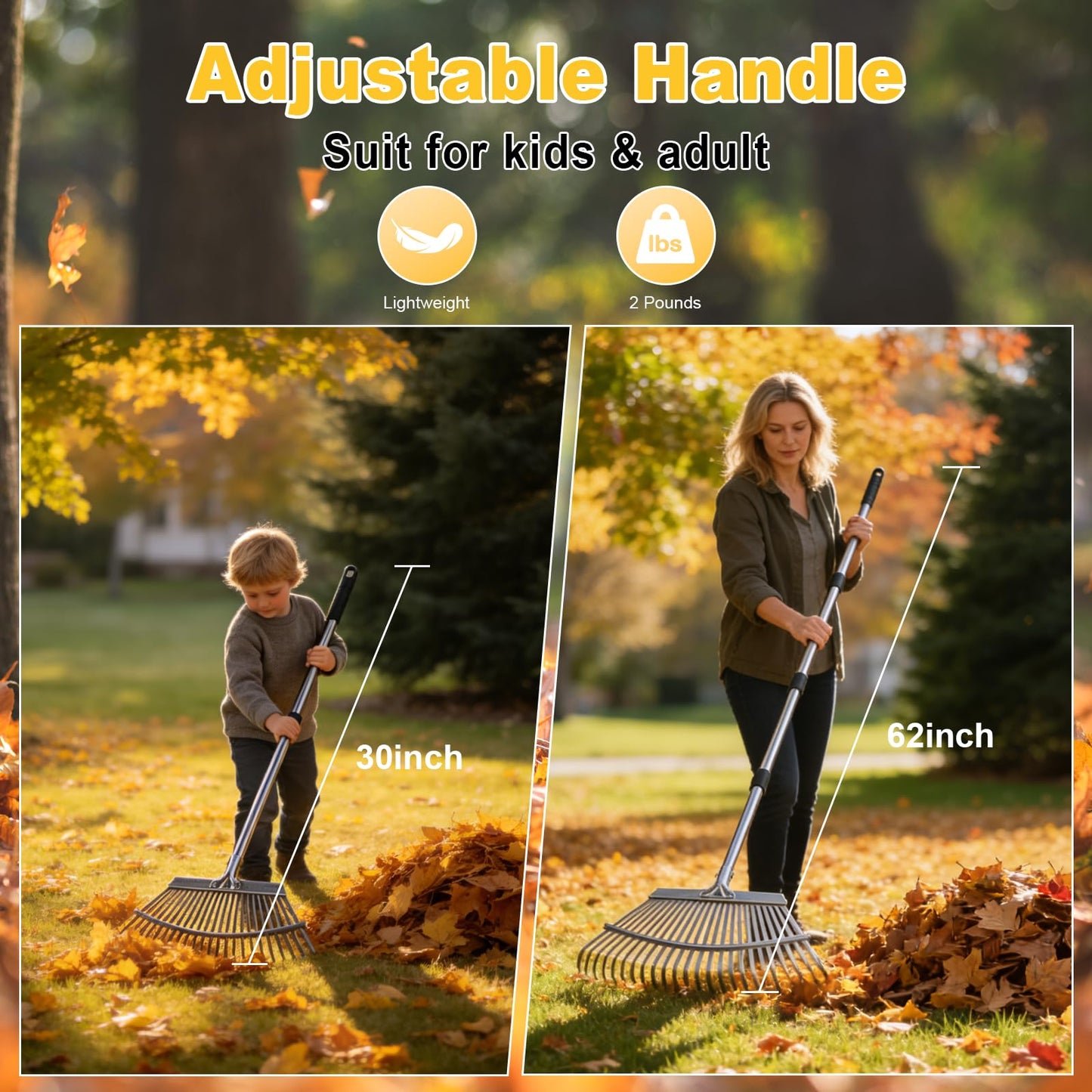 ARTIPOLY Adjustable Leaf Rake, 18-Inch Wide Heavy Duty Garden Rake with 62-Inch Long Handle, Large Metal Leaf Rake for Lawn Yard Grass, Flower Beds, Outdoor Use, Rastrillo para Jardin