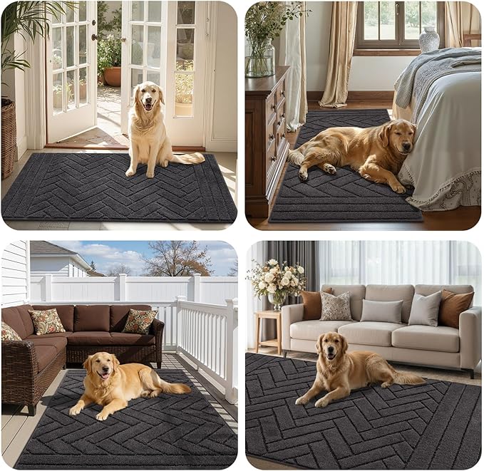 Tindbea Large Dog Mat for Muddy Paws,Absorbs Moisture Dirt Non-Slip Washable Long Mud Mat for Dogs,Soft Rubber Backing Front Inside Pet Rug for Entryway, Mud Dog Paws, Patio(32"x47",Charcoal)