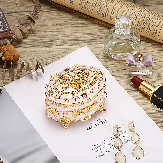 Hipiwe Vintage Metal Jewelry Box - Oval Trinket Organizer Ring Box Case with Rose Pattern Jewelry Storage Box for Ring Earrings Necklace, Gift for Women