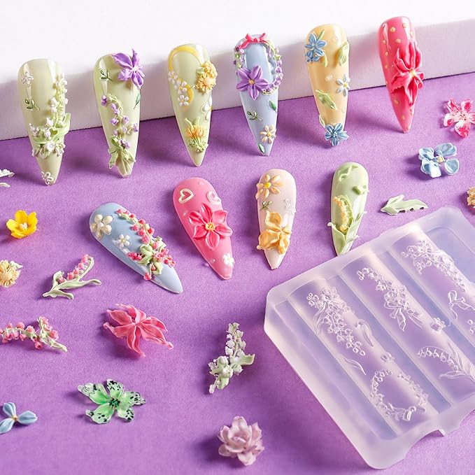 Laza 4pcs Silicone Nail Art Molds, Acrylic 3D Spring Summer Flower Nail Charms Molds Clear Modeling Templates Silicone Flowers Pattern Nail Tools with Sculpture Pen for Salon Nail Design
