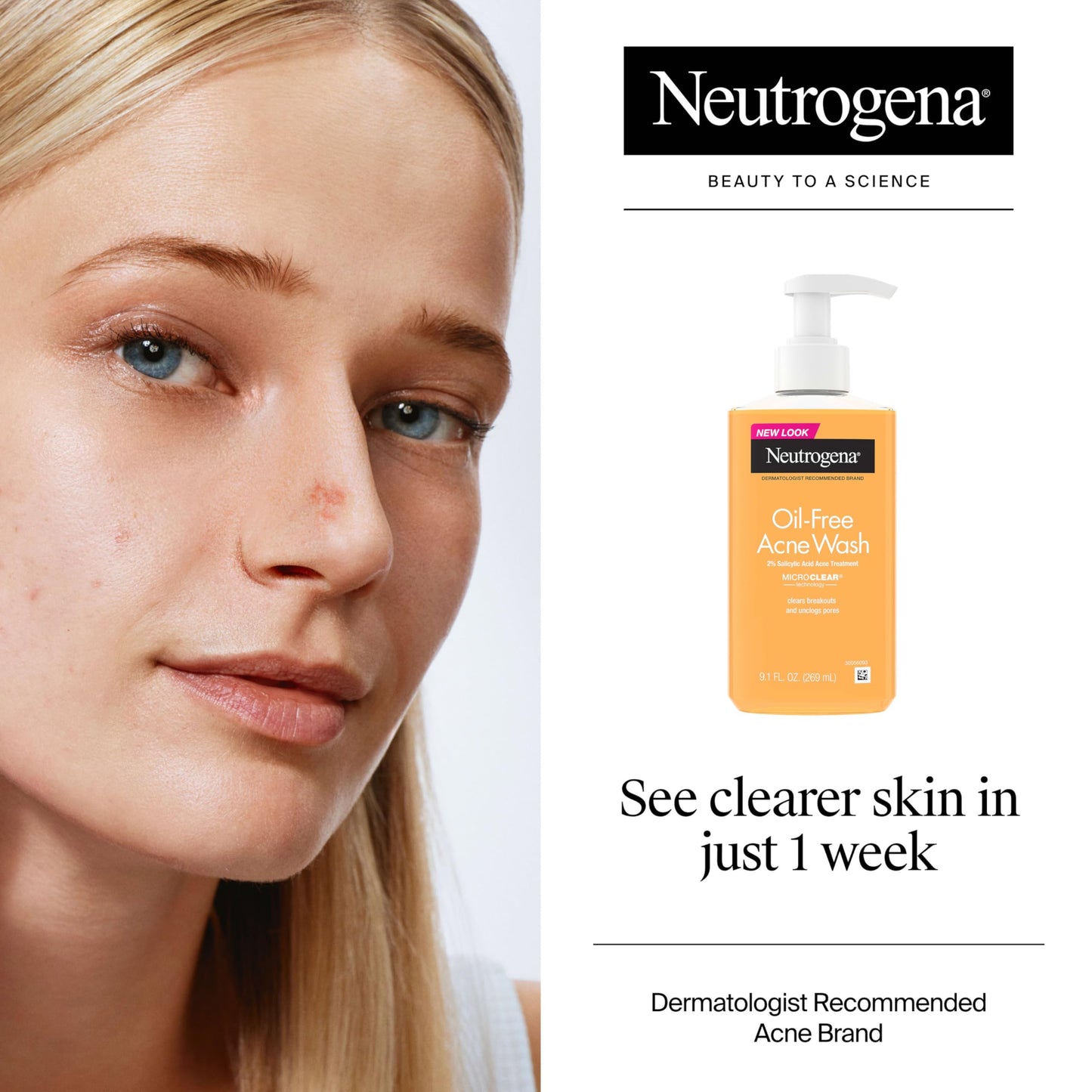 Neutrogena Oil-Free Acne Wash, Acne Fighting Facial Cleanser with Salicylic Acid Medicine, Acne Treatment for Face, Non-Comedogenic, Residue-Free, 9.1 fl oz Pump Bottles, 3 Pack