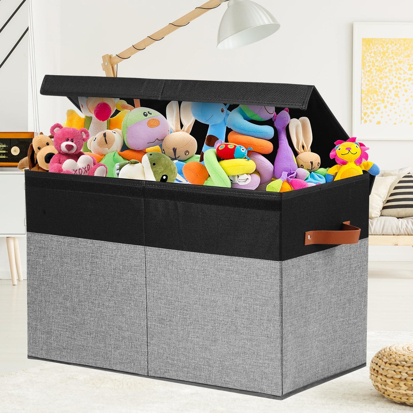 Gowee Large Toy Storage Box with Lid, Sturdy Toys Storage Chest Bin Organizer Basket with Dividers for Kids, Boys, Girls, Nursery, Closet, Bedroom, Playroom 25"x13" x16" (Black and Grey)
