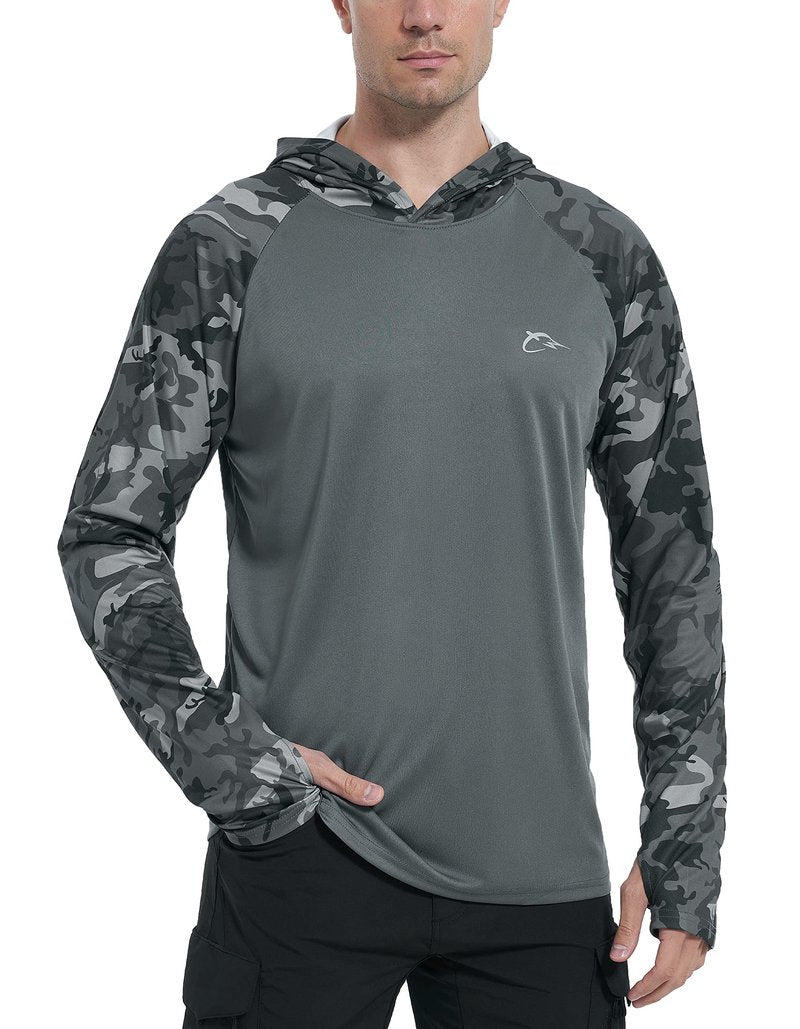 FISHEAL UPF 50+ Fishing Shirts for Men - Sun UV Protection Hoodie SPF Camo Long Sleeve Swim Shirts for Hiking Quick Dry