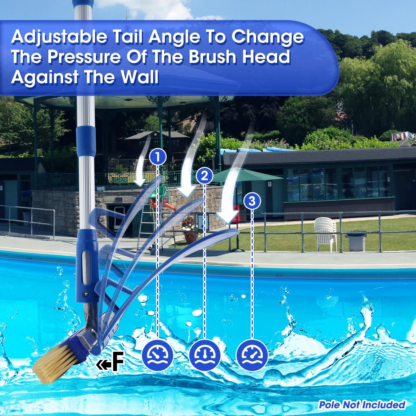 Pool Brush with Brush Tail for Cleaning Pool Walls Using Water Pressure, 18" Tough Plastic Bristles Pool Brush Head with EZ Clips Fit Most Poles (Pole not Included)