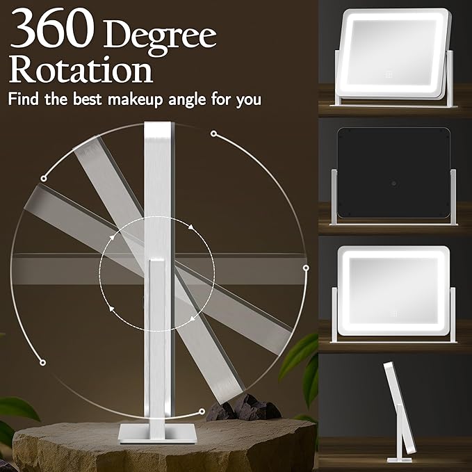 ROLOVE Vanity Mirror with Lights 15"x12", Lighted Makeup Mirror with 10X Magnification, 3 Color Lighting & Dimmable Brightness, Light Up Mirror for Desk, Bedroom, Bathroom