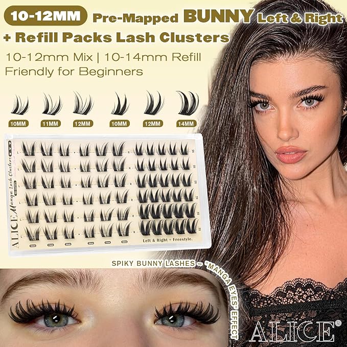 ALICE Bunny Lash Clusters with Spikes Eyelash Clusters 10-14mm Cluster Eyelash Extensions Manga Left & Right Lash Extensions Anime Individual Lashes