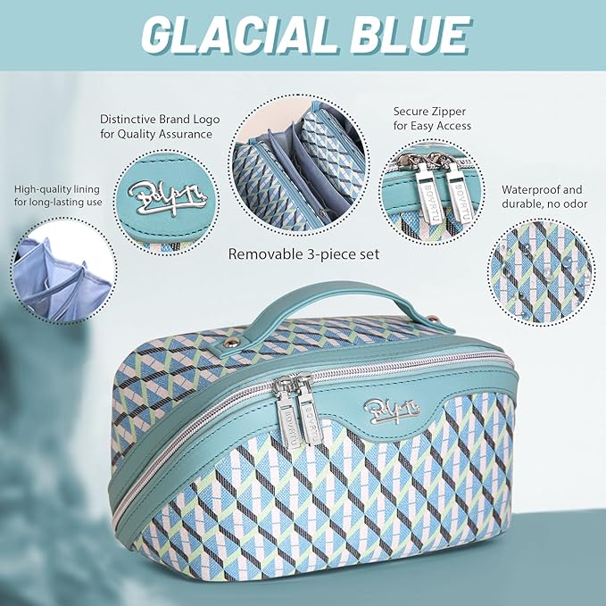 BOYATU Travel Makeup Bags for Women: Large Capacity Cosmetic Bag Set of 3 - Vegan Leather Make up Bags with Compartments - Wide Open Waterproof Toiletry Organizer Bag with Handle (P-02-Blue)