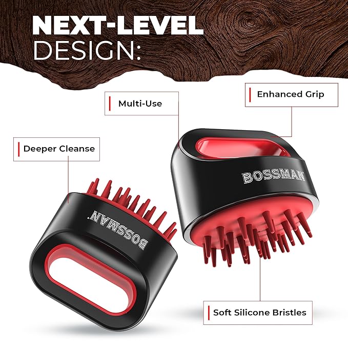 Bossman Titan Shower Scalp Massager – Scalp Exfoliator Brush – Ergonomic Silicone Scrubber for Product Build-Up, Dandruff & Pore Stimulation – Head & Beard Care Tool with Soft Bristles