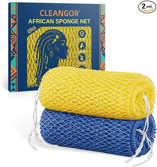 Cleangor 2Pcs African Net Sponge Authentic with Knots - Exfoliating Body Scrubber for All Skin Types, African Bath Sponge, Wash Cloth, Gentle Exfoliation Shower Rag for Women Daily Use