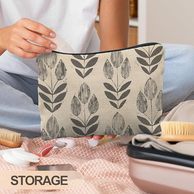 Vintage Boho Beige Floral Makeup Bag, Modern Farmhouse Green Tulip Flower Cosmetic Bags for Women, Contemporary Leaf Botanical Zipper Makeup Pouch