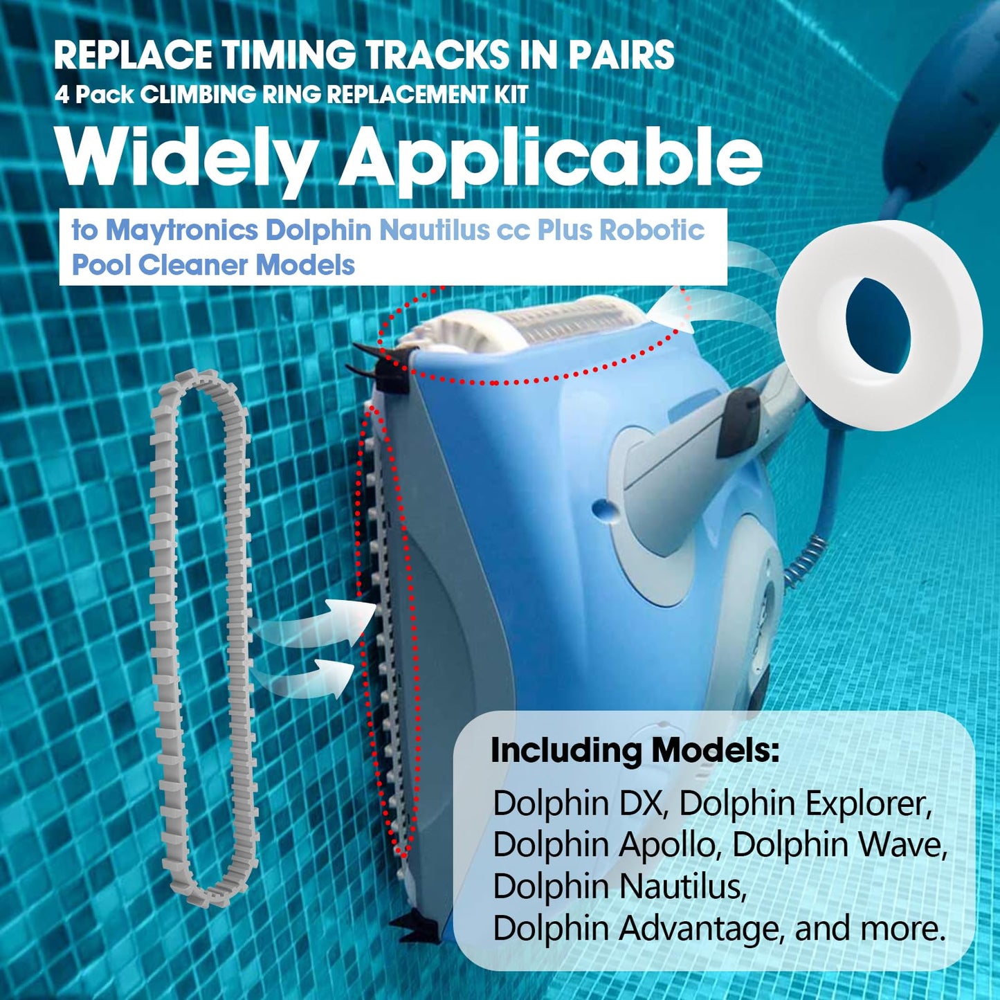 Pokin Pool Cleaner Accessories, The Climbing Ring Replacement 6101611-R4, Timing Track 9985006-R2 and 3884997-R6 Guide Wheels Pulley Gears Combo Kits for Maytronics Dolphin Nautilus cc Plus Parts