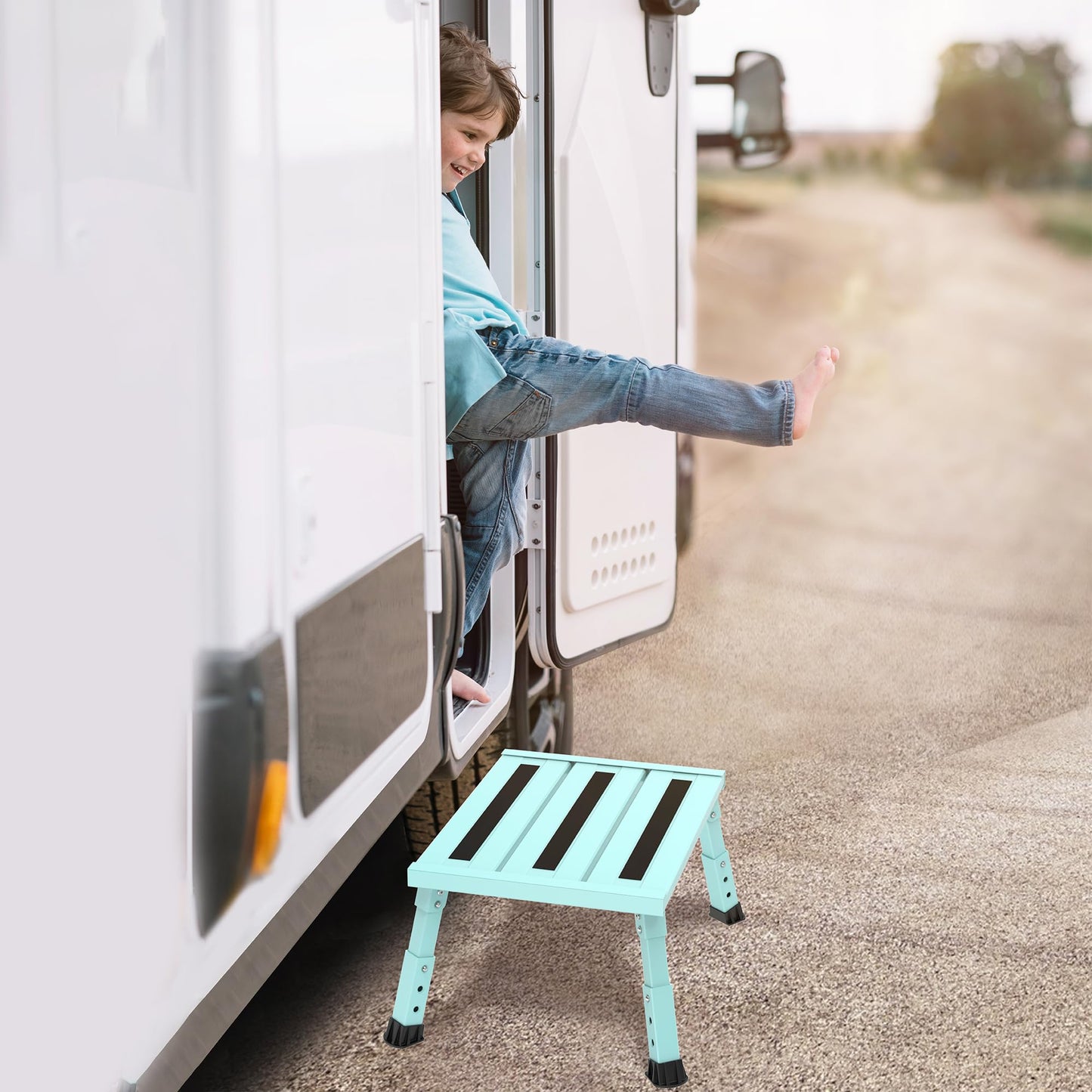 DEPSUNNY Adjustable Height Aluminum RV Step, Stable Foldable Platform Step Stool, Supports Up to 1,000 lb, Non-Slip Rubber Feet and Platform Mat, Easy to Carry (Green)