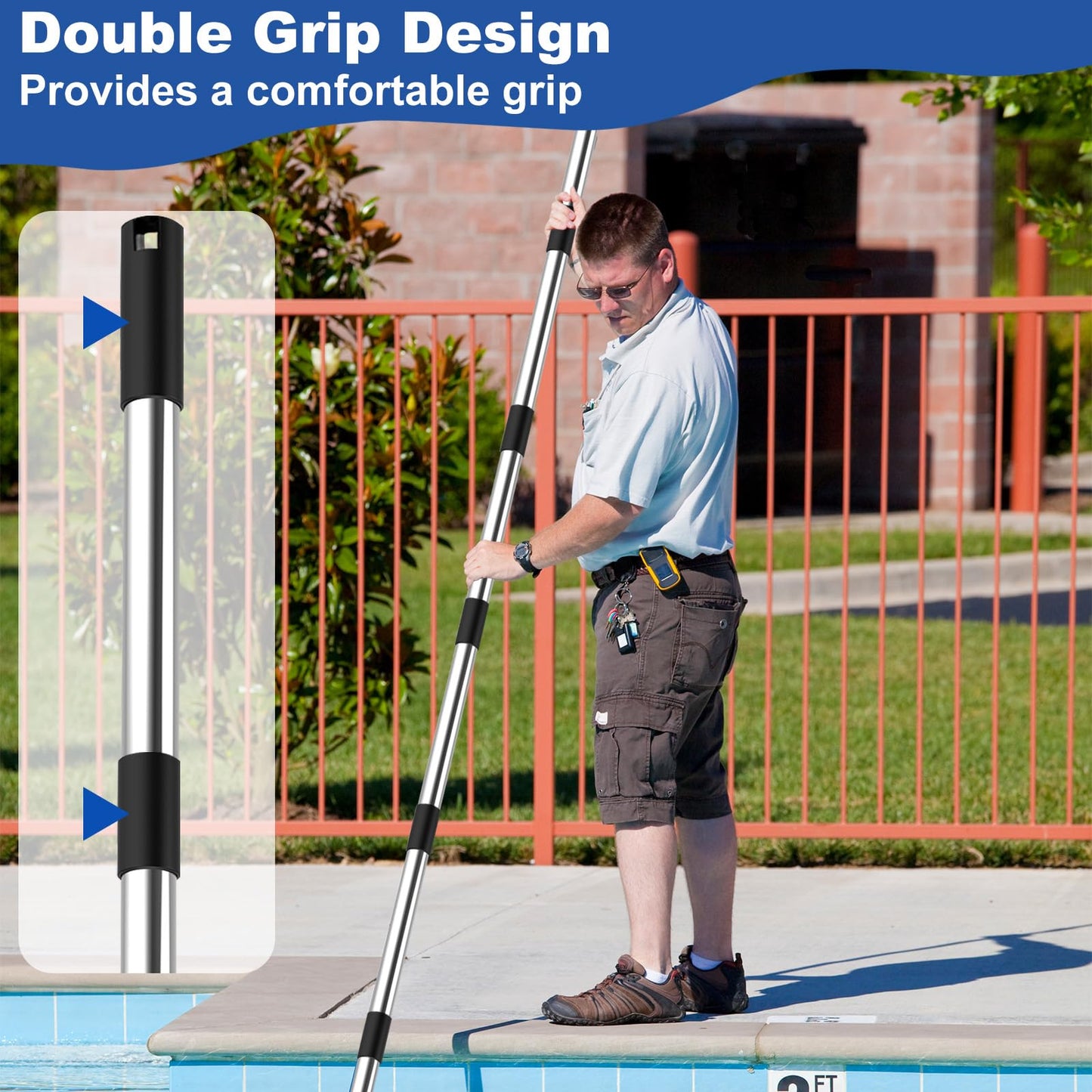 QNFANN Pool Pole Telescopic 12 Ft Heavy Duty, Professional Adjustable Stainless Steel Swimming Pool Pole for Skimmer Net, Brush, Vacuum Head, Strong Grip & Lock, Pool Cleaning Pole, Pool Brush Pole
