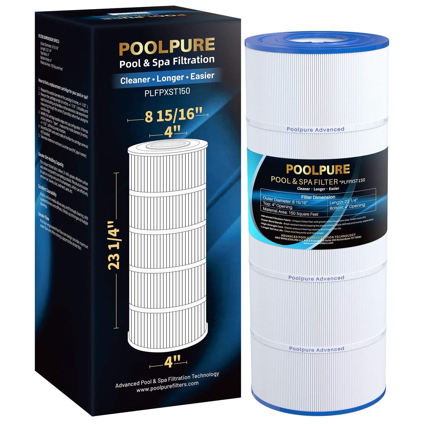 POOLPURE PLFPXST150 Pool Filter Replaces Hayward X-Stream CC1500, CCX1500-RE, Pleatco PXST150, Ultral-B3, Unicel C-8316, Filbur FC-1286, Waterway Pro Clean 150, L x OD: 23 1/4" x 8 15/16"