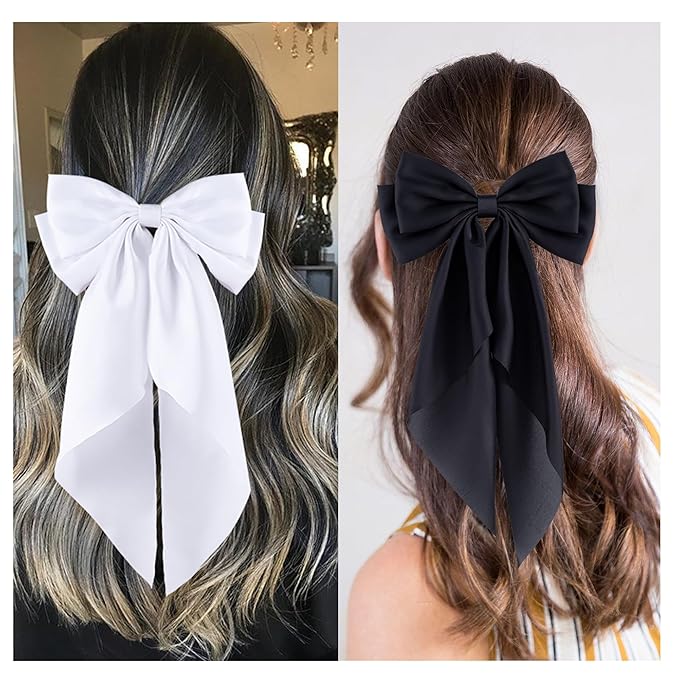 6Pcs Large Bows Hair Clips for Women Girls Long Tail Hair Ribbon Silky Satin Barrettes Coquette Bows Accessories (Black/khaki/Brown/White)