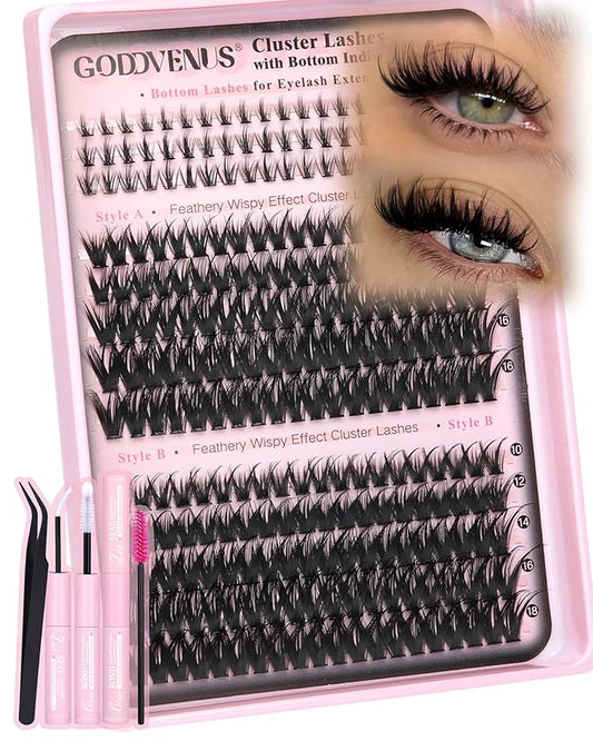 Goddvenus Wispy Eye Lash Clusters Kit Natural Cluster Eyelash Extensions Kit False Eyelash Clusters Fluffy DIY Individual Lash Extensions Kit C Curl