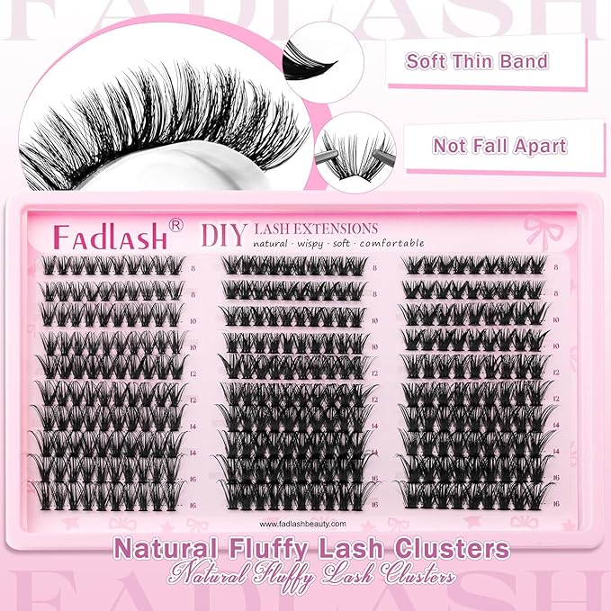 FADLASH Lash Clusters 40D 50D 60D Natural Wispy Eyelash Clusters 8-16mm D Curl Cluster Eyelash Extensions Soft Thin Band DIY at Home