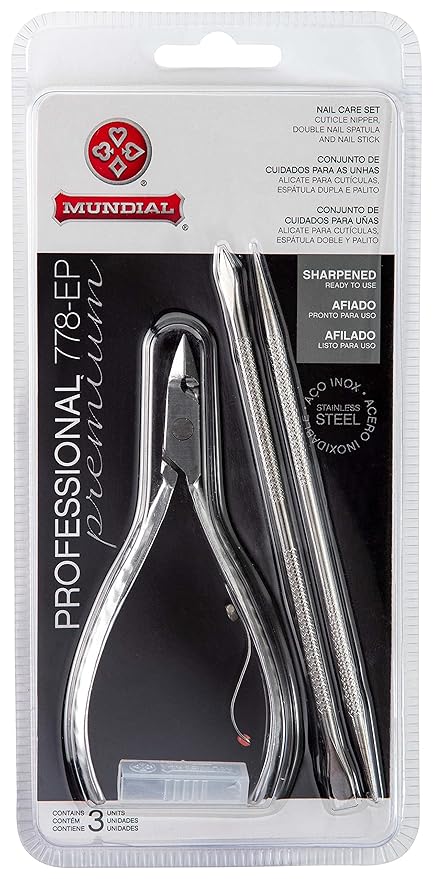 Mundial Nail Care 3 Piece Set - Professional Stainless Steel Cuticle Nippers with Double Nail Spatula and Pusher, Manicure, and Pedicure Trimmer Kit