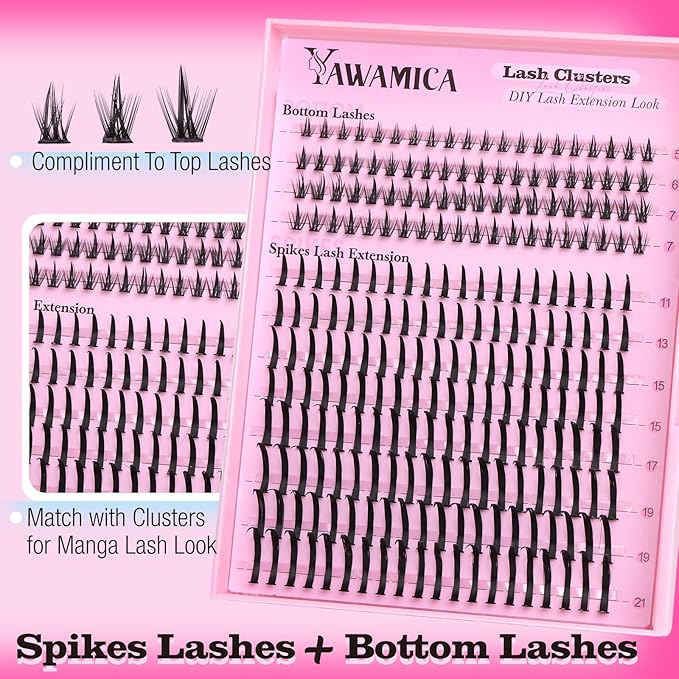Yawamica Bottom Lashes and Spikes DIY Eyelash Extension Wispy Individual Lash Spikes 11-21mm and 5-7mm Bottom Lash Clusters 240pcs Cluster Lashes Waterproof Eyelash Clusters DIY Entire Spike Lash Look