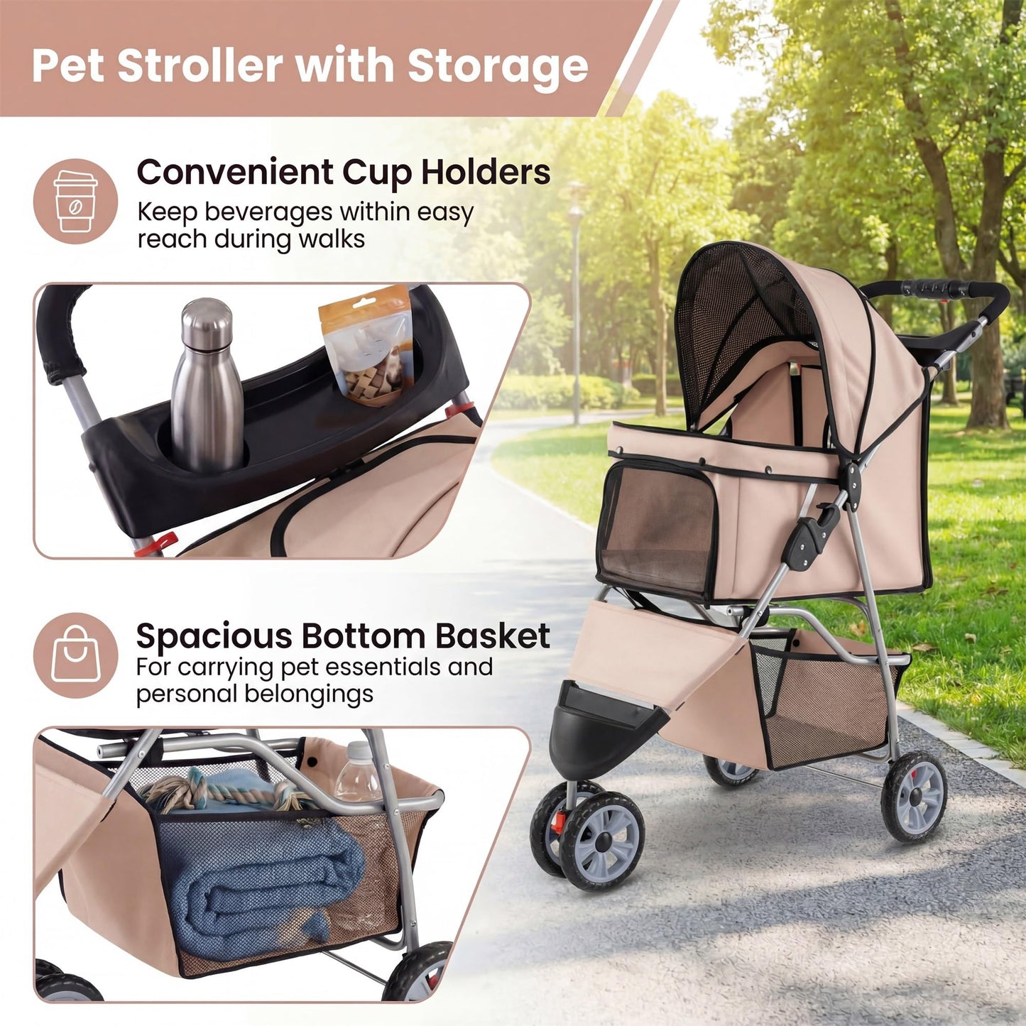Giantex 3 Wheel Foldable Dog Stroller for Small Dogs Cats, Lightweight Pet Stroller with Lockable Wheels, One-Hand Quick Fold, Mesh Windows, Safety Leash & Storage Basket, Pet Travel Stroller (Beige)