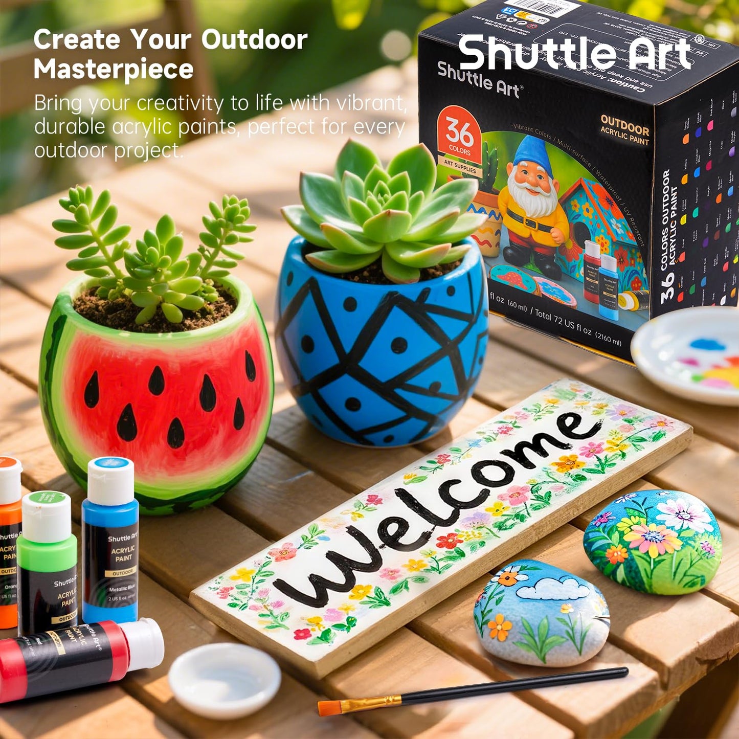 Shuttle Art Outdoor Acrylic Paint Set, 36 Colors 2oz/60ml Waterproof Acrylic Paint with 10 Brushes 1 Palette, Rich Pigmented Paints for Artists, Beginners on Rocks, Wood Crafts, Garden Statues