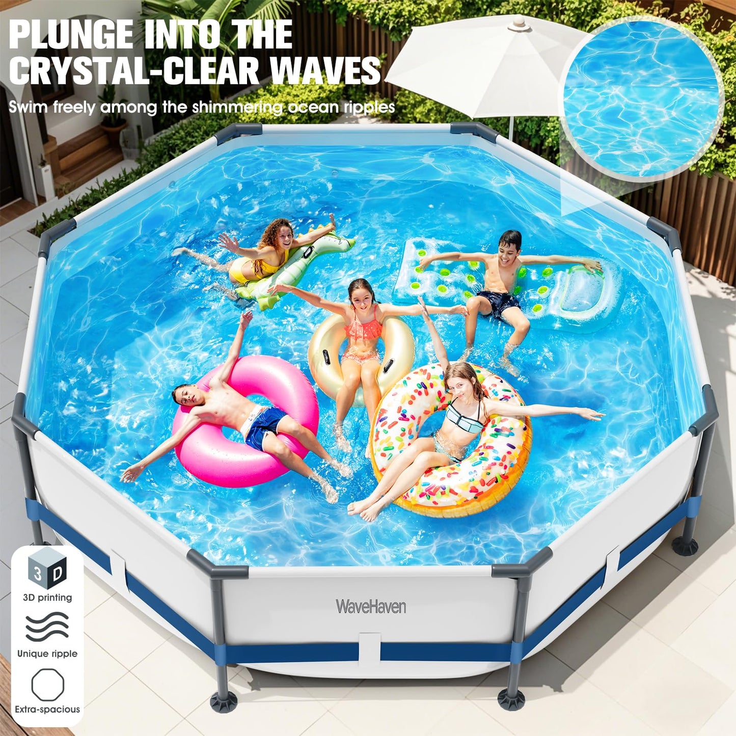 WaveHaven Above Ground Pool,10ft x 30in Frame Deep Swimming Pool,Round Family Pool,Large Above Ground Pool Easy Set,1200 Gallon Pool,Outdoor Backyard Pool for Kids,Adults-Deep Blue,Pump Not Included
