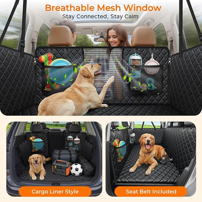 URPOWER Back Seat Extender for Dogs - Large Hard Bottom Dog Car Seat Cover Holds 550lbs, Waterproof Comfortable Dog Hammock Pet Bed with High-Density Foam Non-Slip Backseat Protector for Cars, SUVs