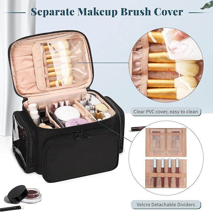 Bagmoly Makeup Bag, Portable Large Travel Makeup Bag Organizer for Women Girls with Makeup Brush Compartment, Cosmetic Travel Bag Vertical Storage Toiletry Bag - Black with Shoulder Strap