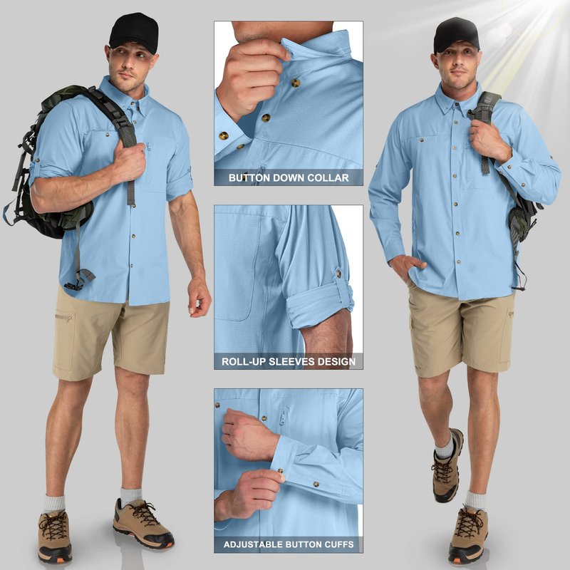 33,000ft Men's UPF 50+ UV Protection Long Sleeve Hiking Shirts Breathable Quick Dry Fishing Shirts for Safari, Outdoor Light Blue