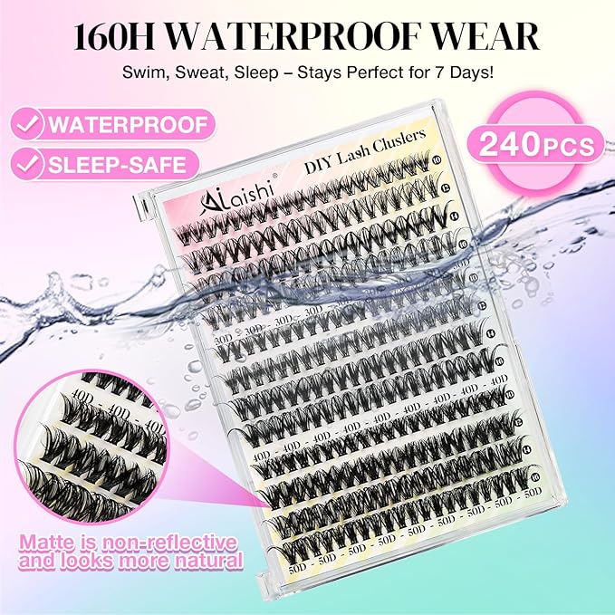 Lash Clusters Kit, DIY Cluster Eyelash Extensions 9‑16mm, 30D+40D+50D, 240pcs, D Curl Natural Volume Lashes with Lash Bond and Seal,Tweezers–Waterproof Fake Cat Eye Wispy Individual Clusters(MIX3-1-S)