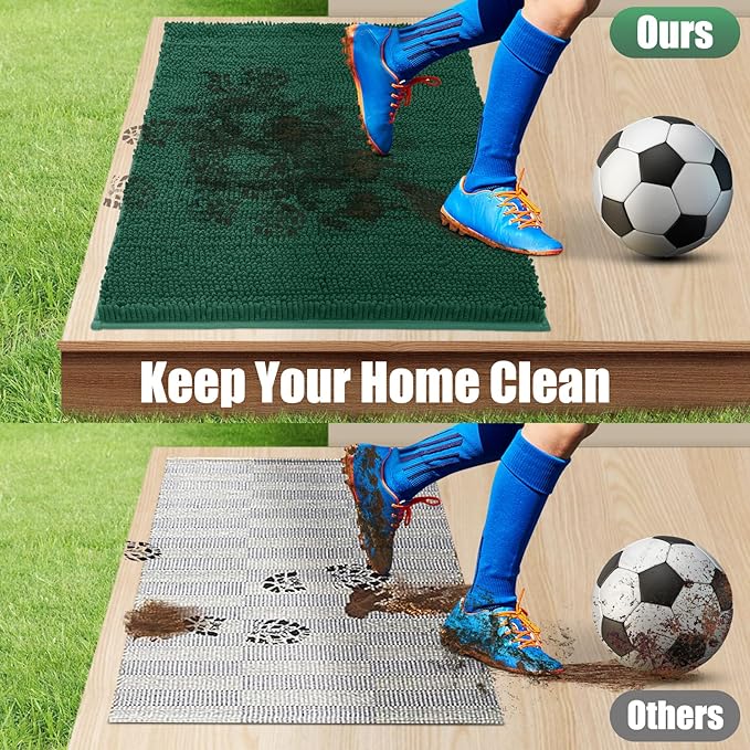 IM HOME Chenille Absorbent Outdoor Doormat 48" x 30", Washable Muddy Door Mats for Dog Non Slip Indoor Doormat Dog Mat for Muddy Paw Front Inside Doormats for Entryway Green