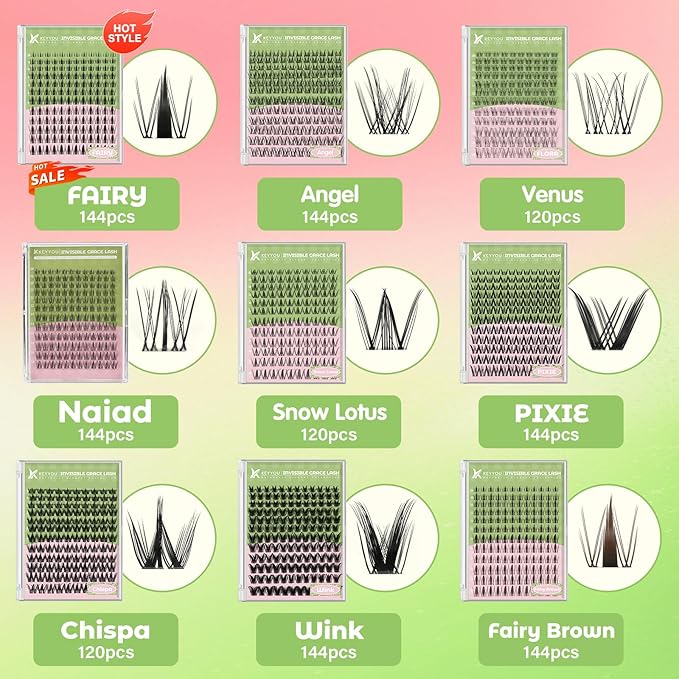 KEYYOU Naiad Lash Clusters Kit Fairy Lash Extension Kit C Curl 144Pcs Eyelash Extension Kit Wispy Natural Invisible Band Lash Kit with Waterproof DIY Lash Extension Kit at Home(Naiad-C-8-16MIX)